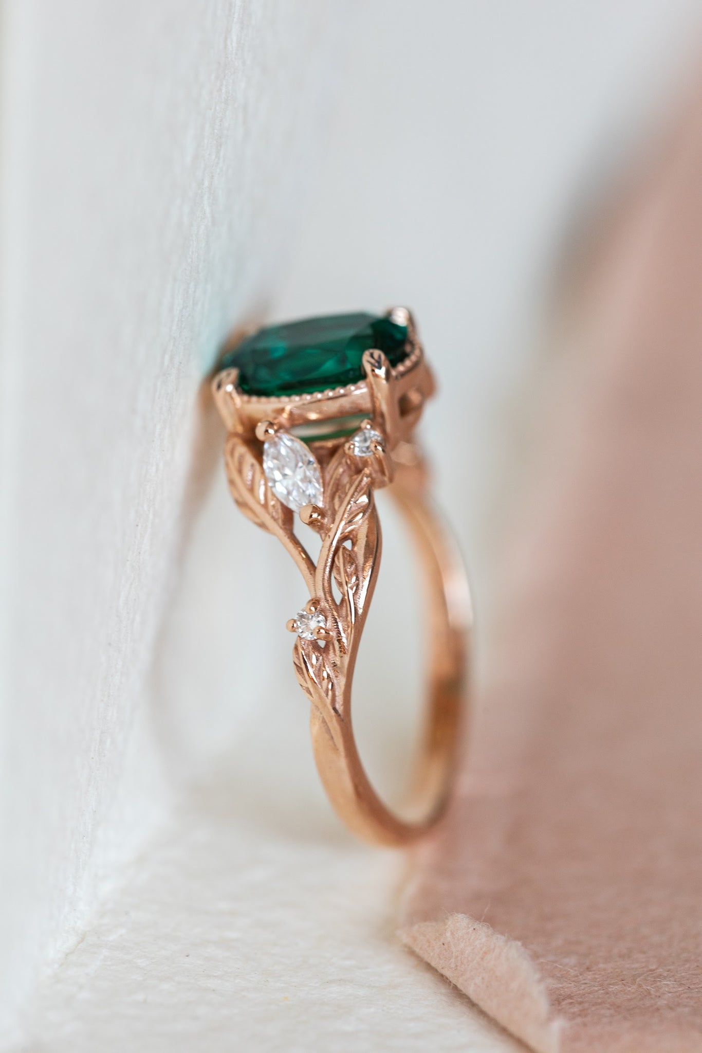 Emerald and accent diamonds engagement ring, rose gold engagement ring / Patricia - Eden Garden Jewelry™