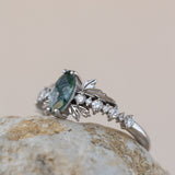 READY TO SHIP: Verbena ring in 18K white gold, natural moss agate marquise cut 8x4 mm, accents lab grown diamonds, RING SIZE: 5.5 - 8.5 US