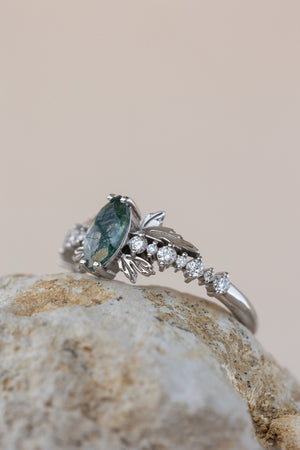 READY TO SHIP: Verbena ring in 14K or 18K white gold, natural moss agate marquise cut 8x4 mm, accents lab grown diamonds, RING SIZE: 7 US