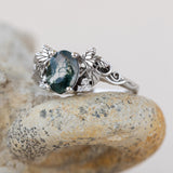 READY TO SHIP: Vineyard engagement ring in 14K white gold, oval moss agate, accents lab grown diamonds, RING SIZE: 5.5 - 8.5 US