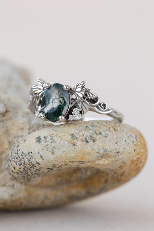 READY TO SHIP: Vineyard engagement ring in 14K white gold, oval moss agate, accents lab grown diamonds, RING SIZE: 7 US