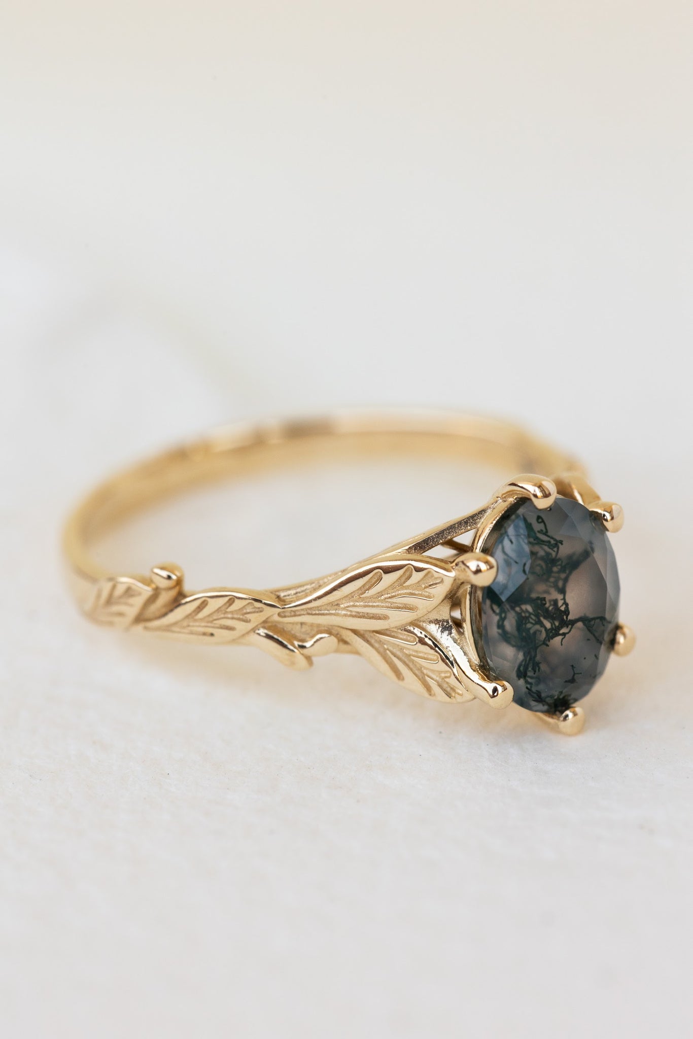 READY TO SHIP: Freesia in 14K yellow gold, oval cut natural moss agate, AVAILABLE RING SIZES: 6.5 US