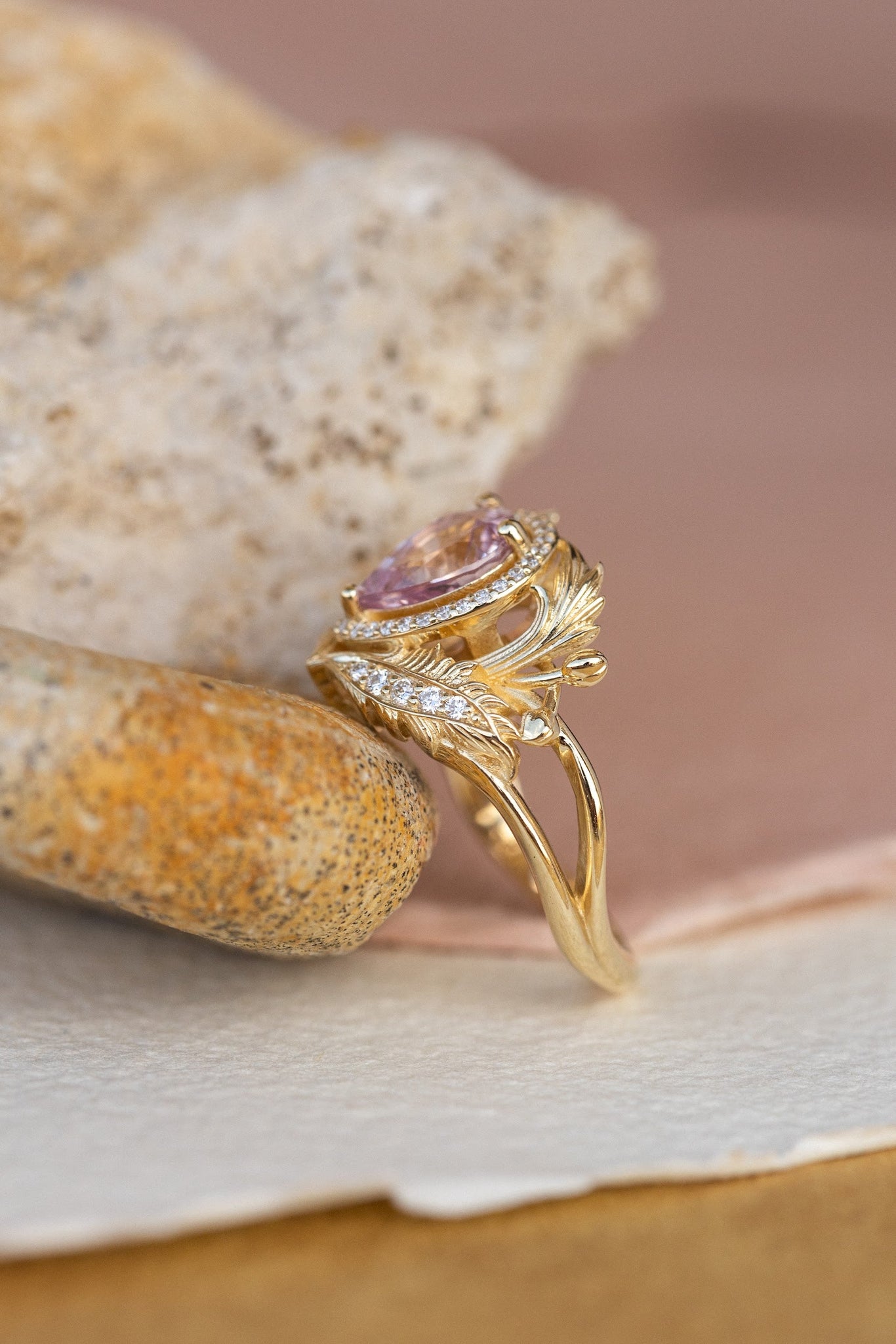 Pear pink sapphire engagement ring, gold nature inspired ring with diamond halo / Adonis halo - Eden Garden Jewelry™