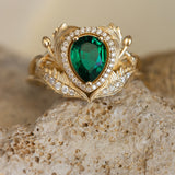 1 carat lab emerald engagement ring, gold nature inspired ring with diamond halo / Adonis halo - Eden Garden Jewelry™