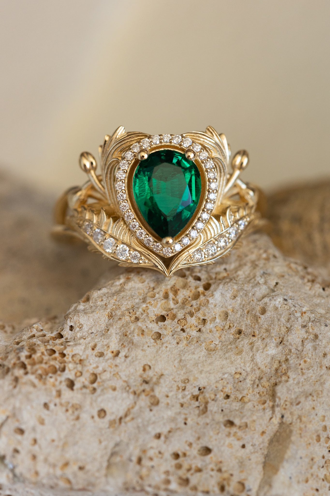 1 carat lab emerald engagement ring, gold nature inspired ring with diamond halo / Adonis halo - Eden Garden Jewelry™