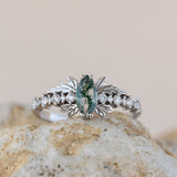 READY TO SHIP: Verbena ring in 18K white gold, natural moss agate marquise cut 8x4 mm, accents lab grown diamonds, RING SIZE: 5.5 - 8.5 US