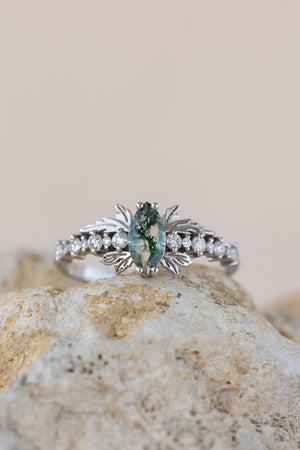 READY TO SHIP: Verbena ring in 14K or 18K white gold, natural moss agate marquise cut 8x4 mm, accents lab grown diamonds, RING SIZE: 7 US