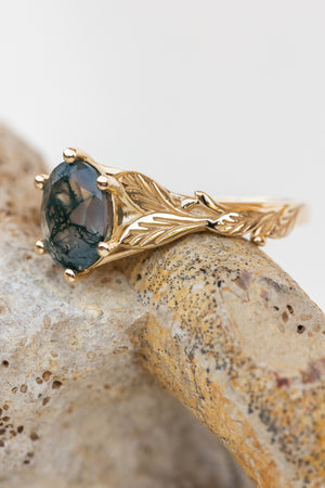 READY TO SHIP: Freesia in 14K yellow gold, oval cut natural moss agate, AVAILABLE RING SIZES: 6.5 US