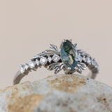 READY TO SHIP: Verbena ring in 18K white gold, natural moss agate marquise cut 8x4 mm, accents lab grown diamonds, RING SIZE: 5.5 - 8.5 US