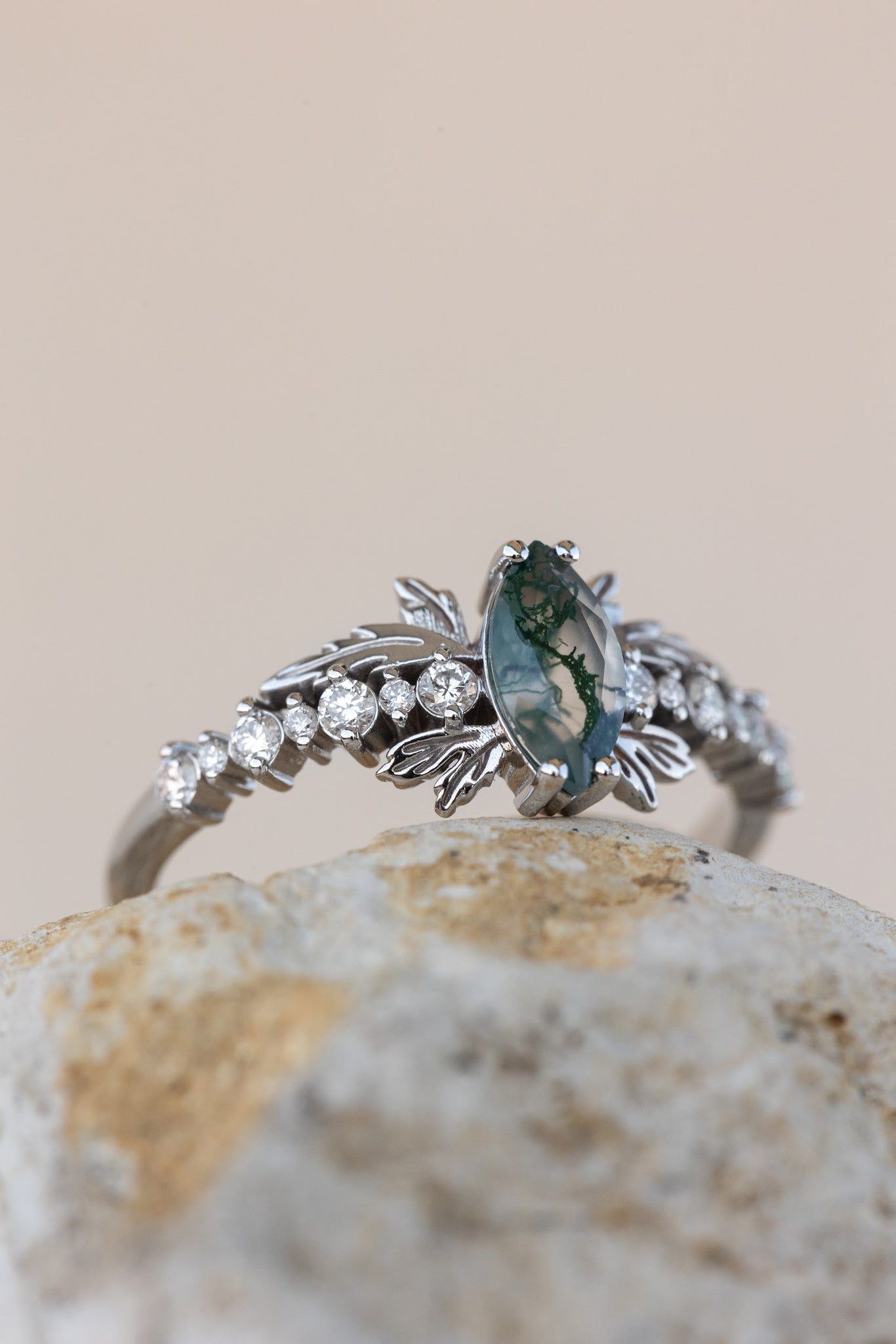 READY TO SHIP: Verbena ring in 14K or 18K white gold, natural moss agate marquise cut 8x4 mm, accents lab grown diamonds, RING SIZE: 7 US