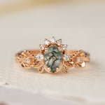 Pear moss agate engagement ring with half-halo diamond, rose gold flower proposal ring / Adelina - Eden Garden Jewelry™