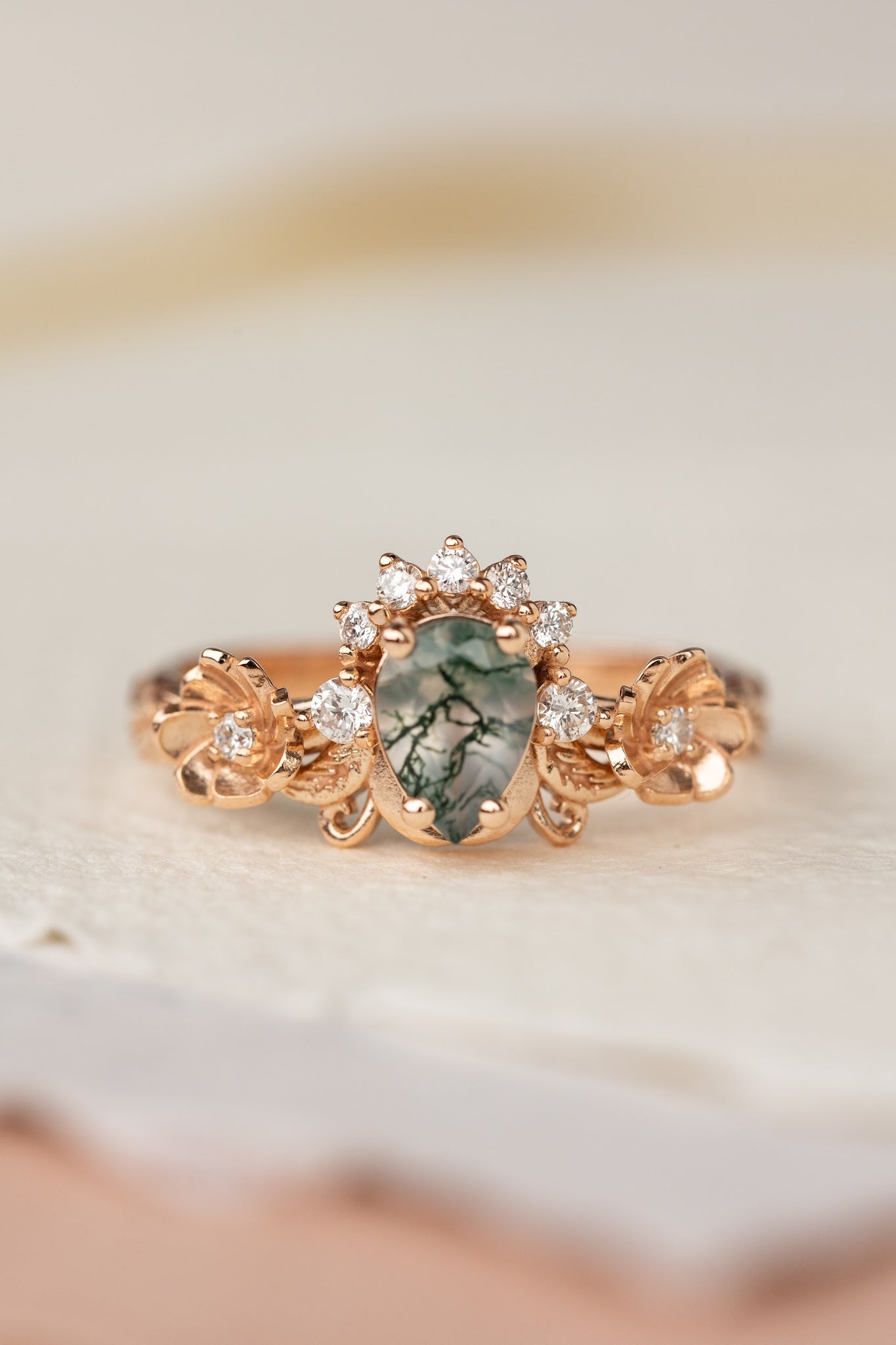 Pear moss agate engagement ring with half-halo diamond, rose gold flower proposal ring / Adelina - Eden Garden Jewelry™