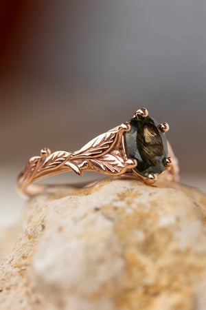 Freesia ring in 14K rutile peridot, rose gold, 8x6 mm oval cut - Eden Garden Jewelry™