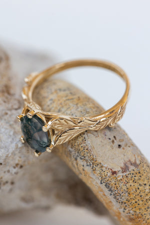 Natural moss agate gold leaf engagement ring, oval cut gemstone proposal ring / Freesia