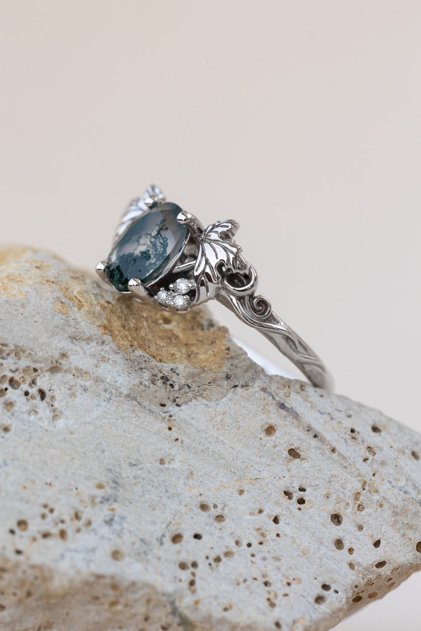 READY TO SHIP: Vineyard engagement ring in 14K white gold, oval moss agate, accents lab grown diamonds, RING SIZE: 7 US