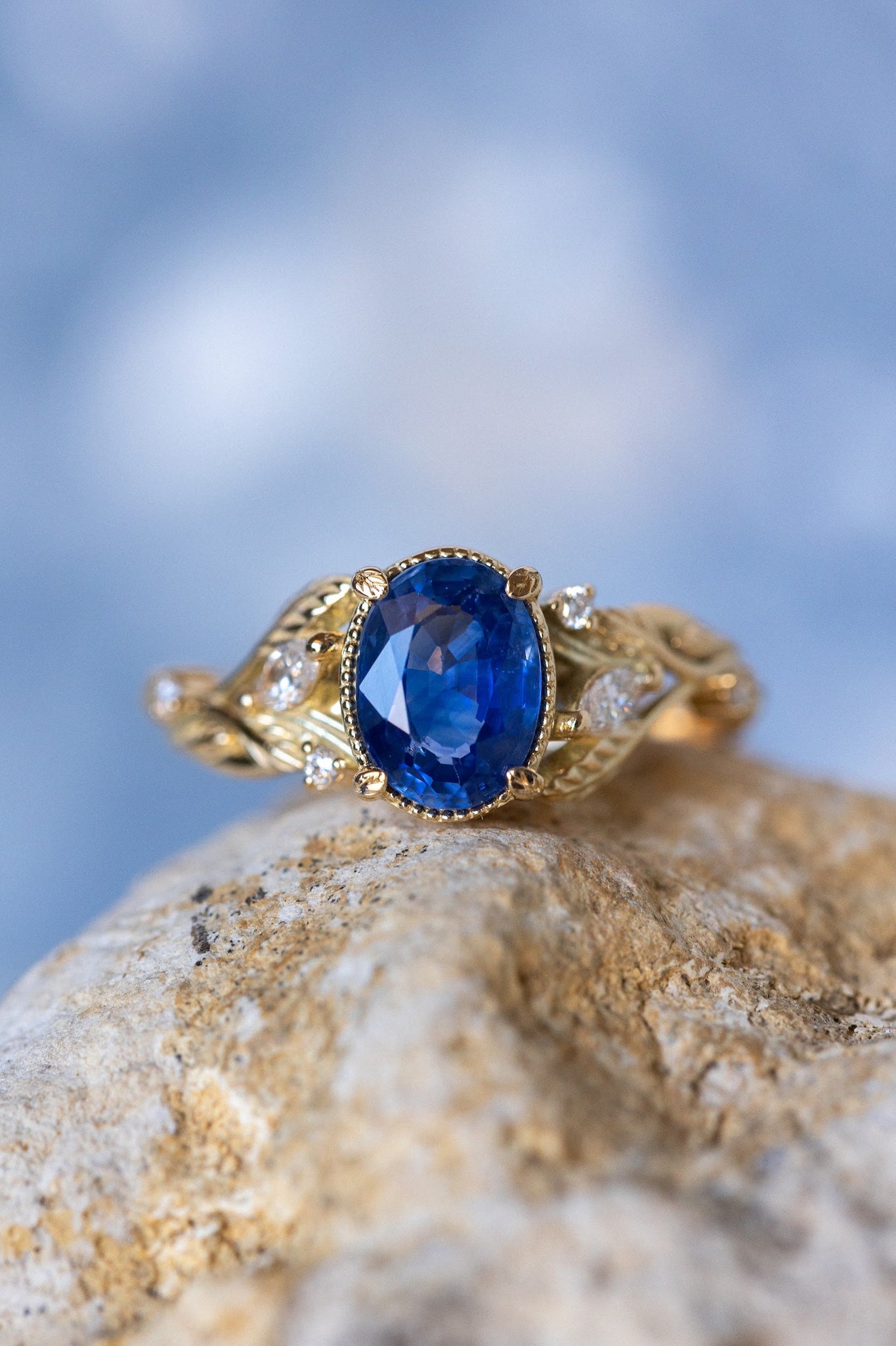 READY TO SHIP: Patricia ring in 14K rose/yellow/white gold, natural blue sapphire oval cut 8x6 mm, accent lab grown diamonds, AVAILABLE RING SIZES: 6-8US - Eden Garden Jewelry™
