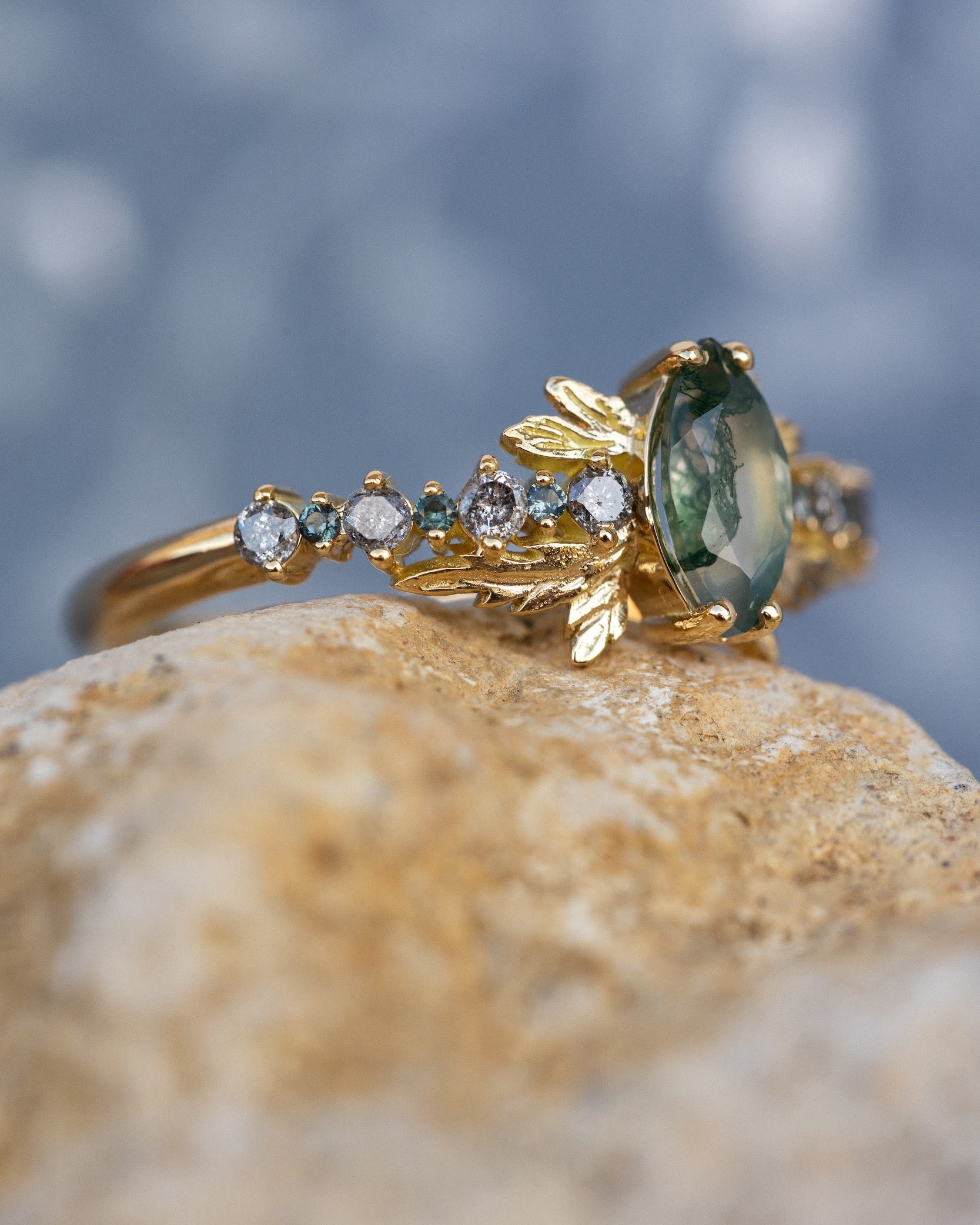 Moss agate and accents sapphires and diamonds engagement ring, nature inspired gold leaf ring / Verbena - Eden Garden Jewelry™