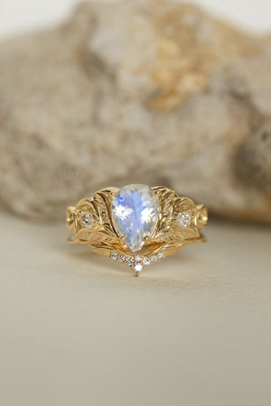 Mythology inspired engagement ring set with moonstone, big pear cut gemstone bridal ring set / Ikar - Eden Garden Jewelry™