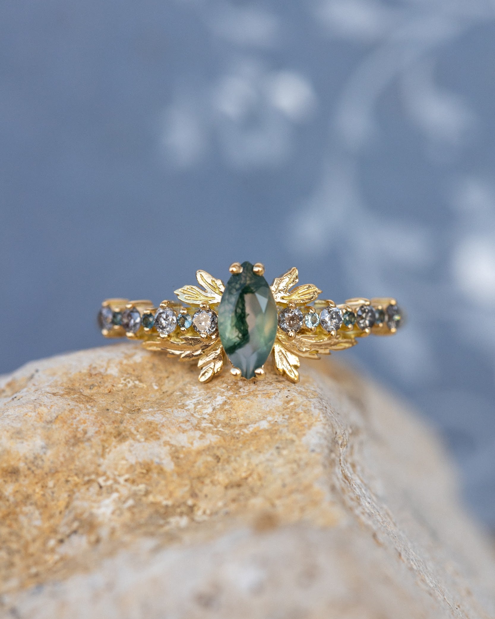 Moss agate and accents sapphires and diamonds engagement ring, nature inspired gold leaf ring / Verbena - Eden Garden Jewelry™