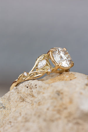 Lab grown diamond engagement ring, gold nature inspired ring with leaves and diamonds / Patricia - Eden Garden Jewelry™