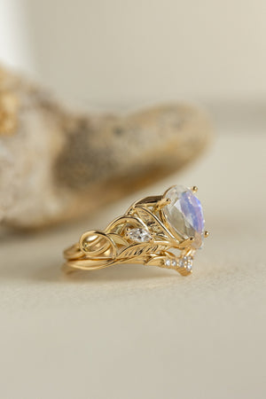 Mythology inspired engagement ring set with moonstone, big pear cut gemstone bridal ring set / Ikar - Eden Garden Jewelry™