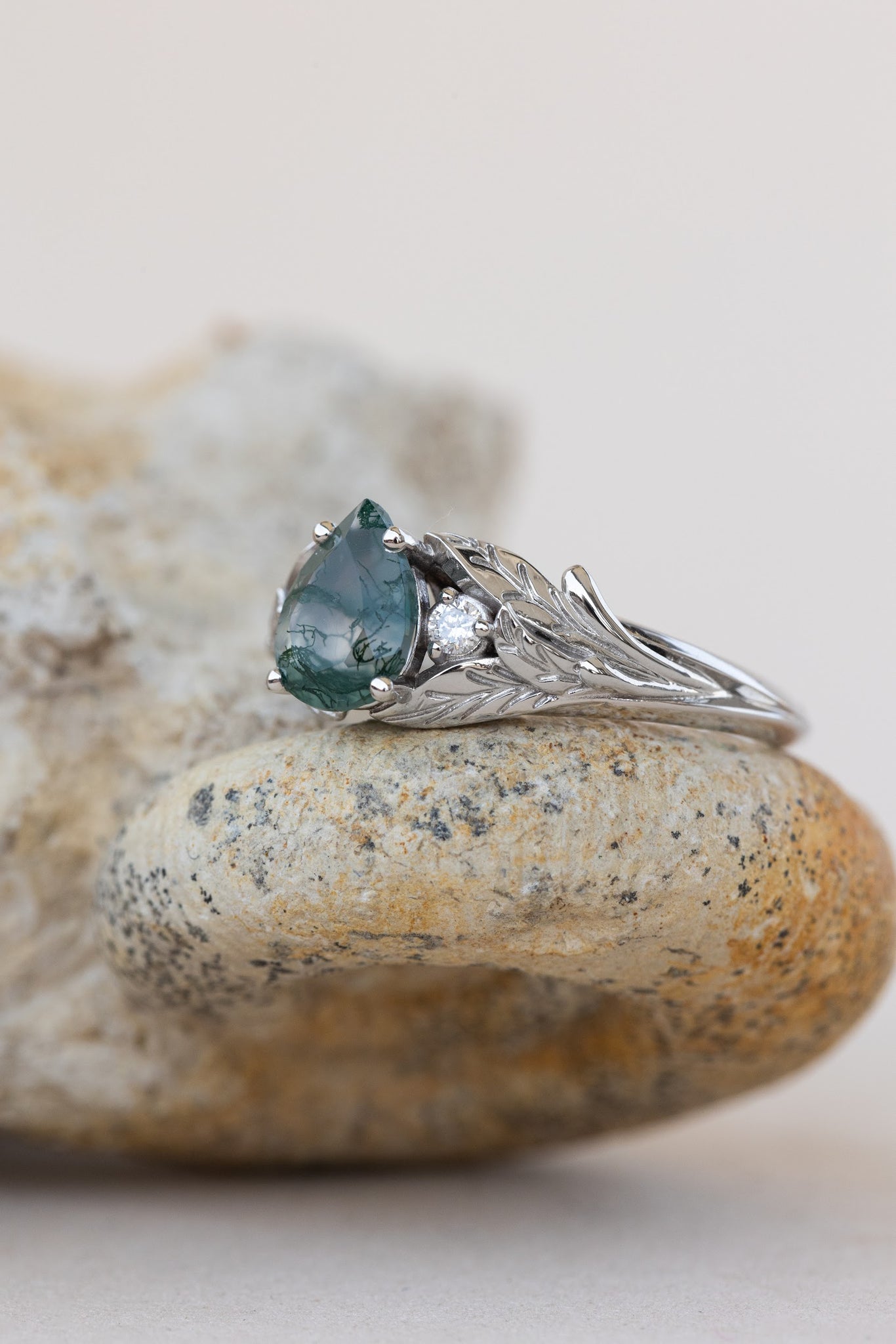 READY TO SHIP: Wisteria ring in 14K or 18K white gold, pear moss agate, accents lab grown diamonds, RING SIZE: 5.75 - 8.75 US