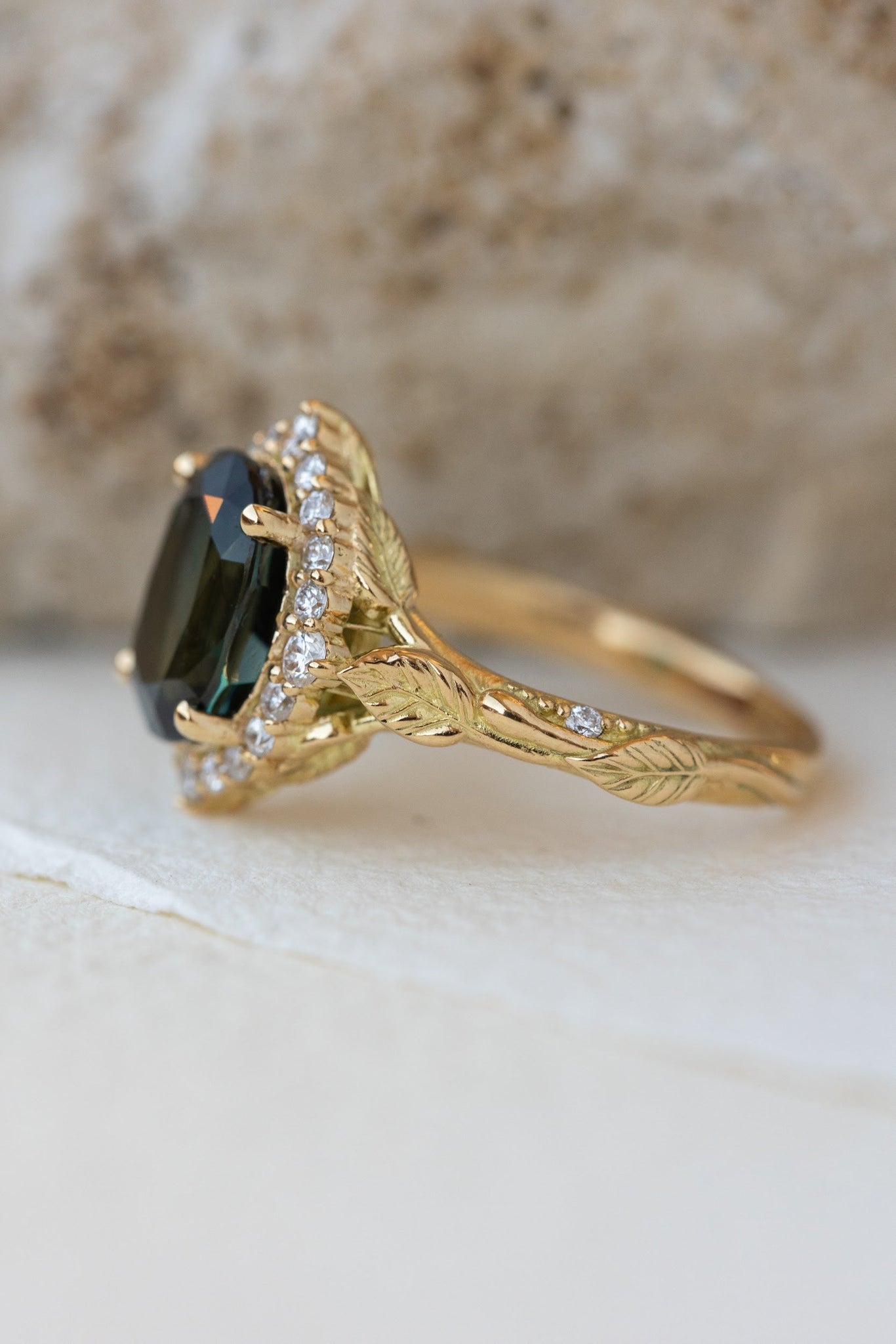 Diamond halo and natural teal sapphire engagement ring, nature inspired yellow gold ring / Florentina - Eden Garden Jewelry™