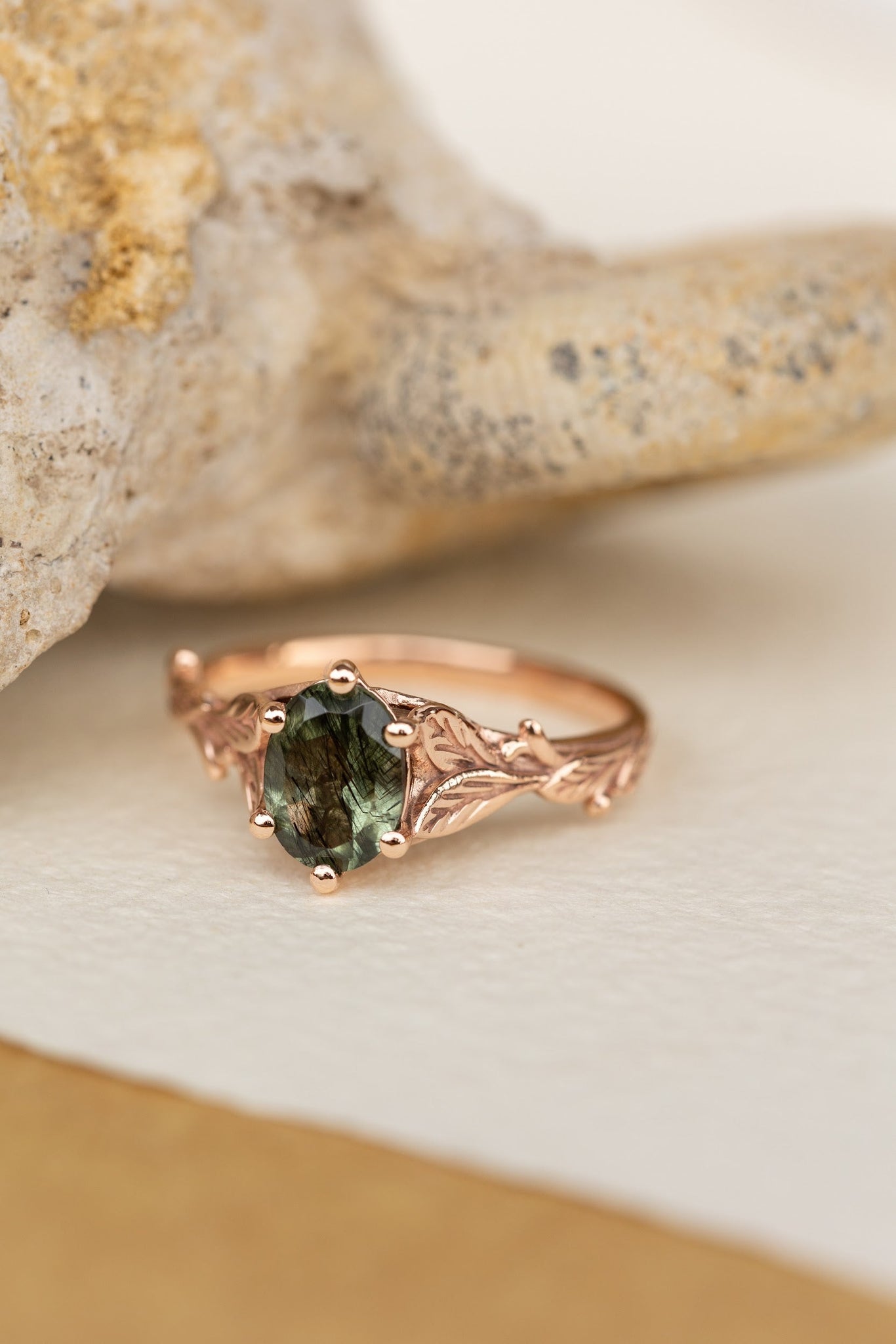 Freesia ring in 14K rutile peridot, rose gold, 8x6 mm oval cut - Eden Garden Jewelry™