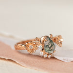 Pear moss agate engagement ring with half-halo diamond, rose gold flower proposal ring / Adelina - Eden Garden Jewelry™