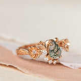 Pear moss agate engagement ring with half-halo diamond, rose gold flower proposal ring / Adelina - Eden Garden Jewelry™