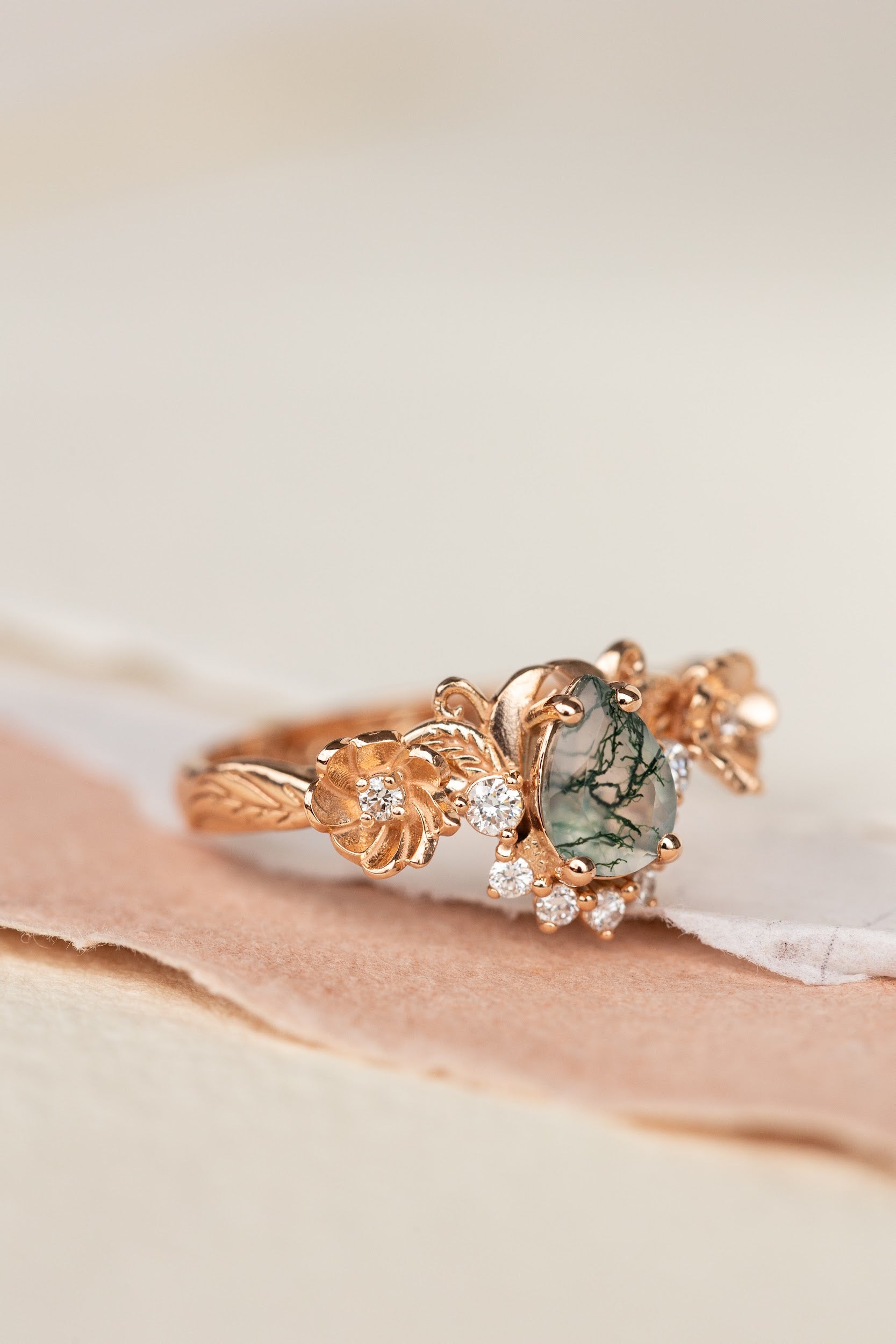 Pear moss agate engagement ring with half-halo diamond, rose gold flower proposal ring / Adelina - Eden Garden Jewelry™