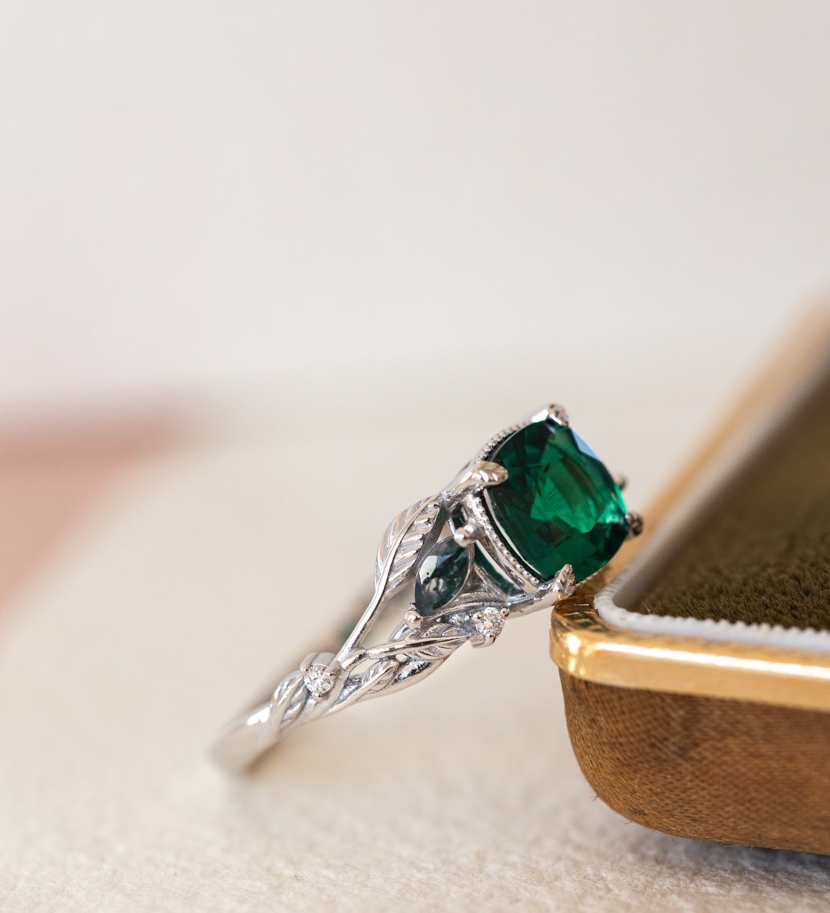 Cushion cut emerald and accent moss agates engagement ring, white gold nature themed proposal ring / Patricia - Eden Garden Jewelry™