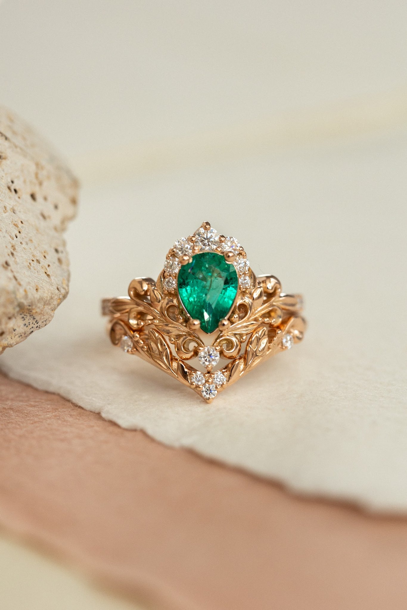 Emerald baroque style engagement ring, rose gold engagement ring with diamonds / Sophie - Eden Garden Jewelry™