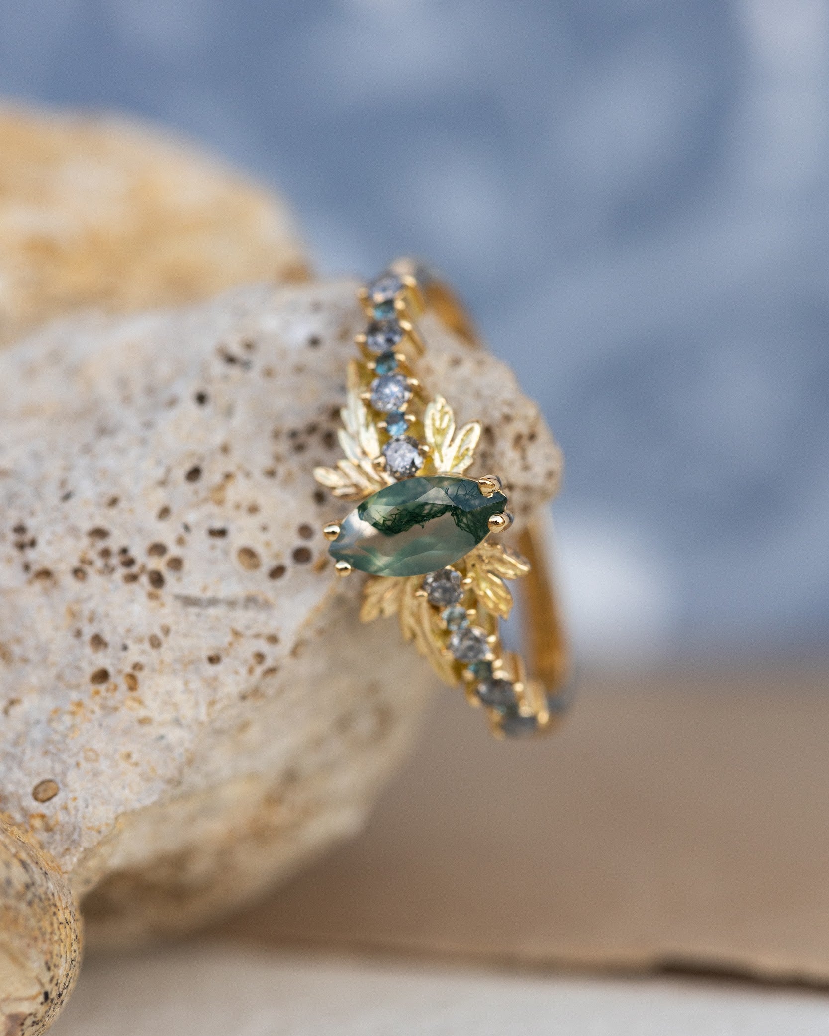 Moss agate and accents sapphires and diamonds engagement ring, nature inspired gold leaf ring / Verbena - Eden Garden Jewelry™