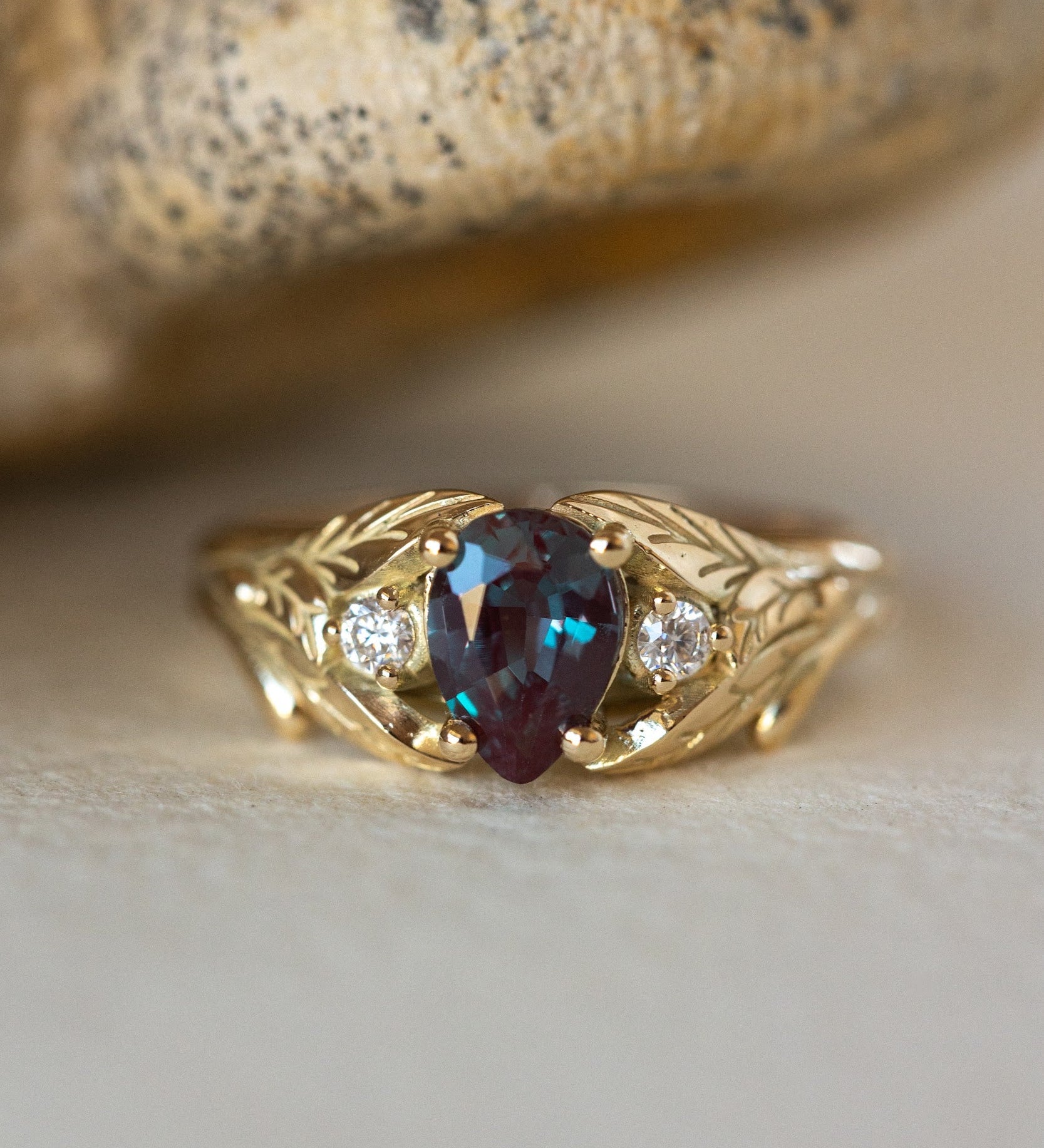 Colour changing alexandrite engagement ring with accent diamonds, gold leaf proposal ring / Wisteria - Eden Garden Jewelry™