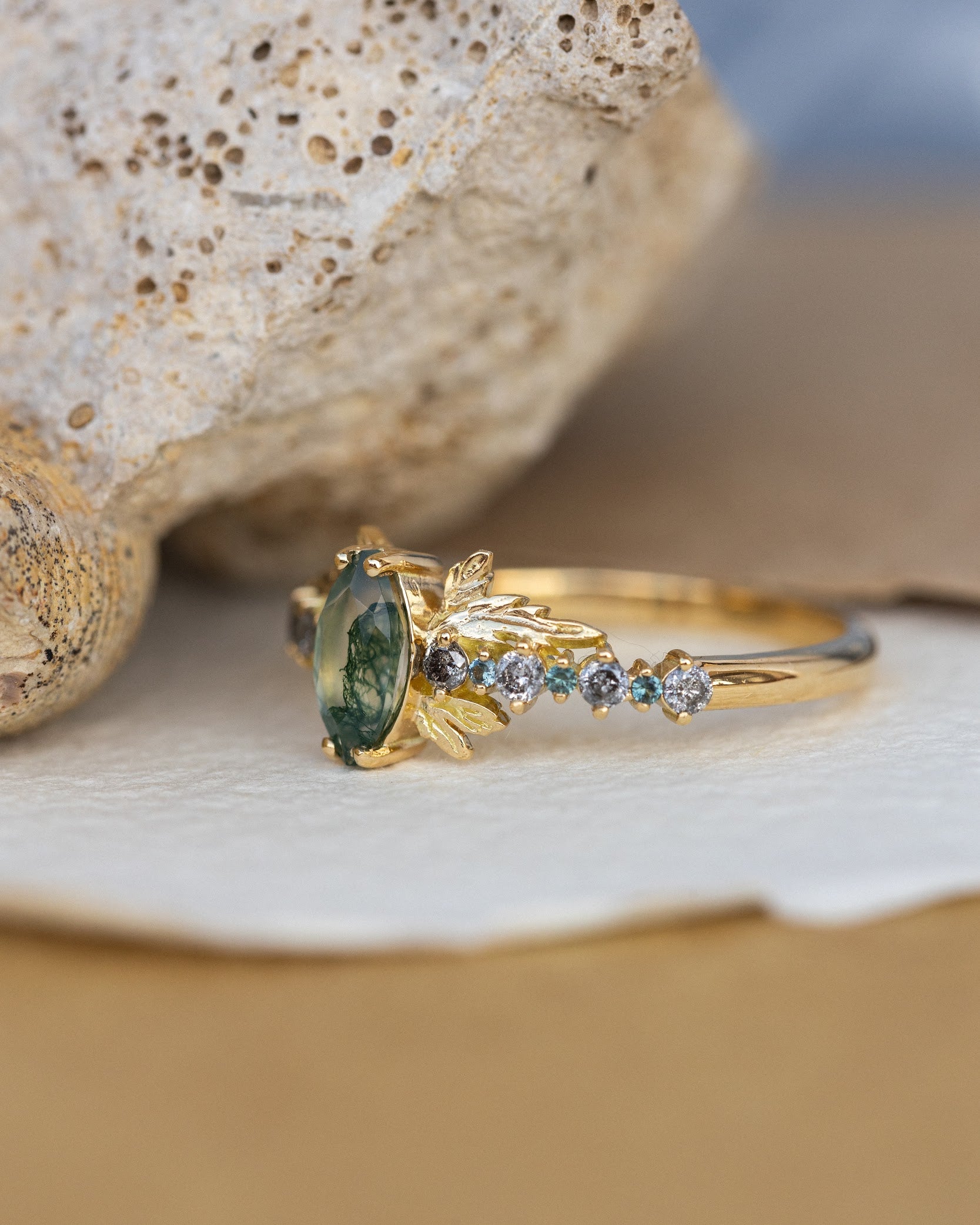 Moss agate and accents sapphires and diamonds engagement ring, nature inspired gold leaf ring / Verbena - Eden Garden Jewelry™