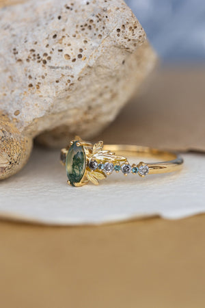 Moss agate and accents sapphires and diamonds engagement ring, nature inspired gold leaf ring / Verbena - Eden Garden Jewelry™