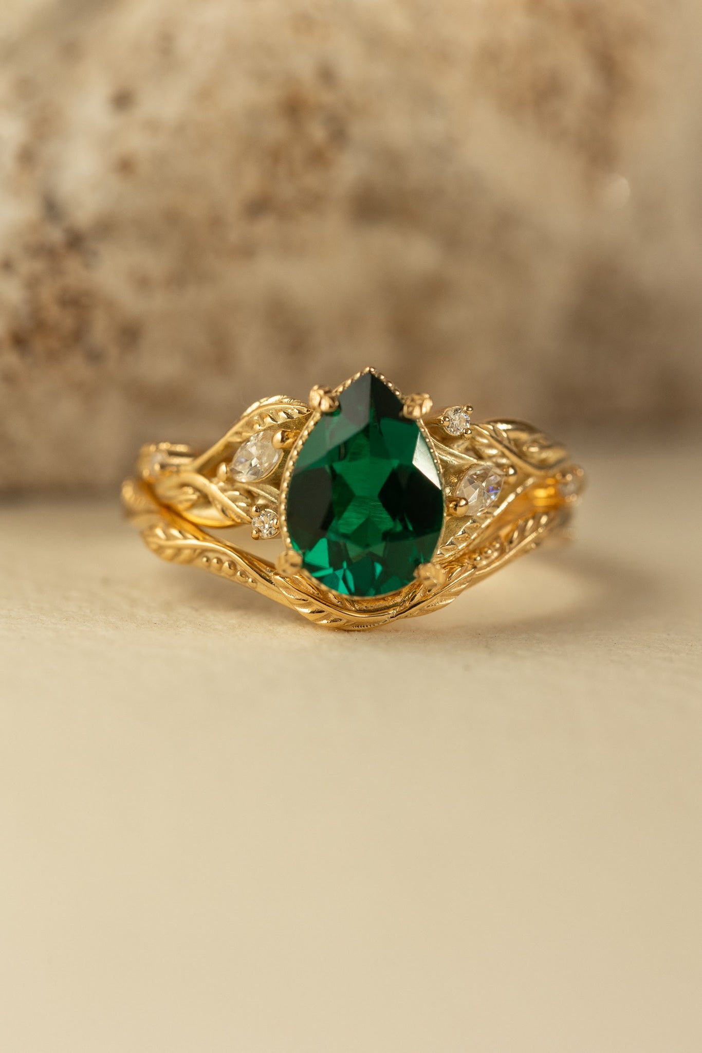 Big lab emerald twig engagement ring set, yellow gold leaf bridal ring set with marquise cut diamonds  / Patricia - Eden Garden Jewelry™