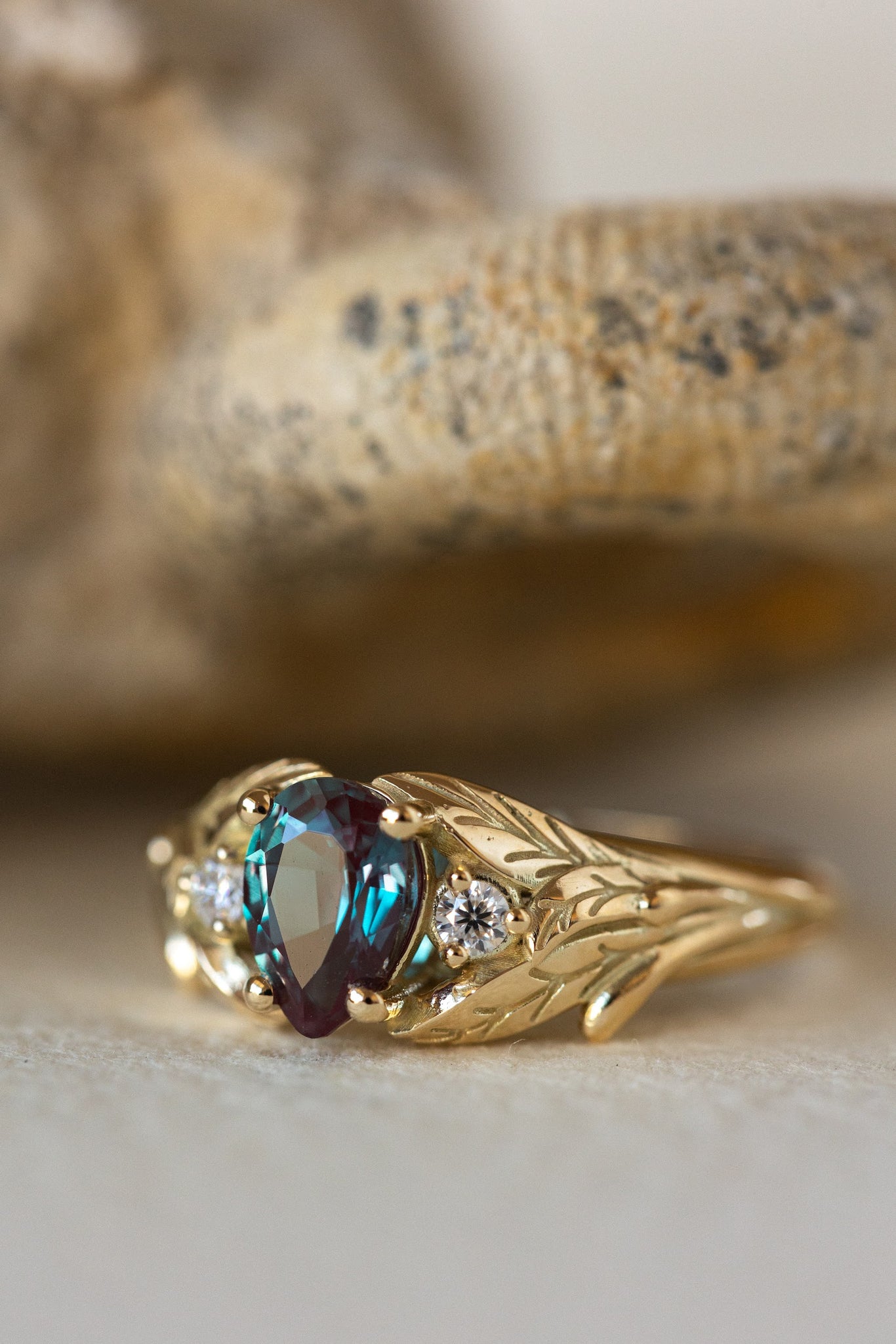 READY TO SHIP: Wisteria in 14K yellow gold, pear alexandrite 7x5 mm, moissanites, RING SIZE 4.5-6.5US - Eden Garden Jewelry™