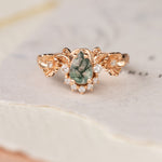 Pear moss agate engagement ring with half-halo diamond, rose gold flower proposal ring / Adelina - Eden Garden Jewelry™