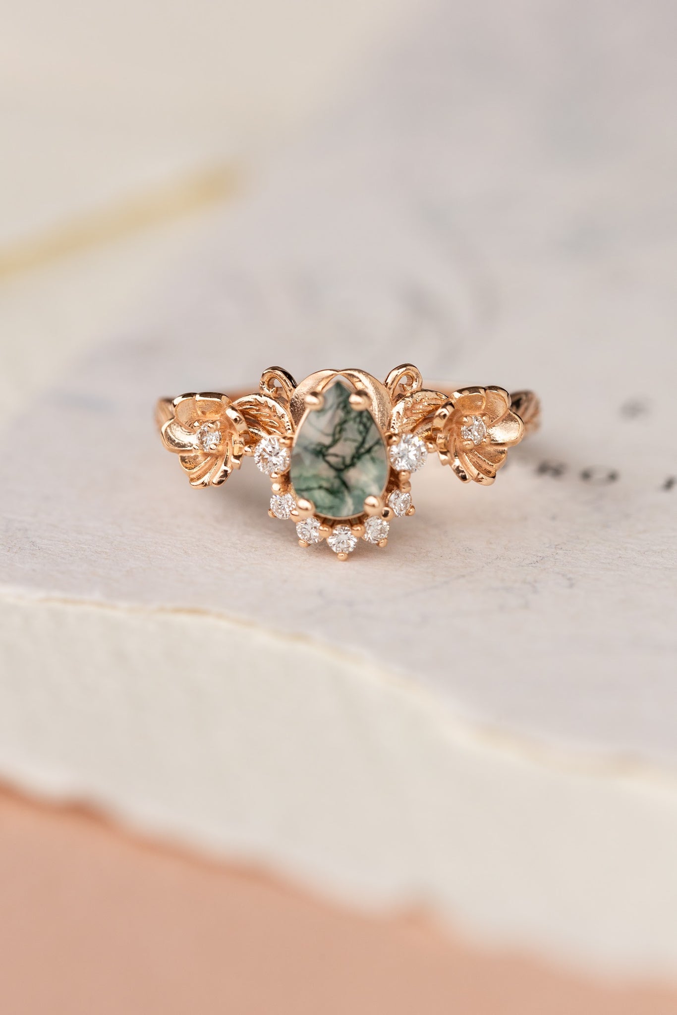 Pear moss agate engagement ring with half-halo diamond, rose gold flower proposal ring / Adelina - Eden Garden Jewelry™