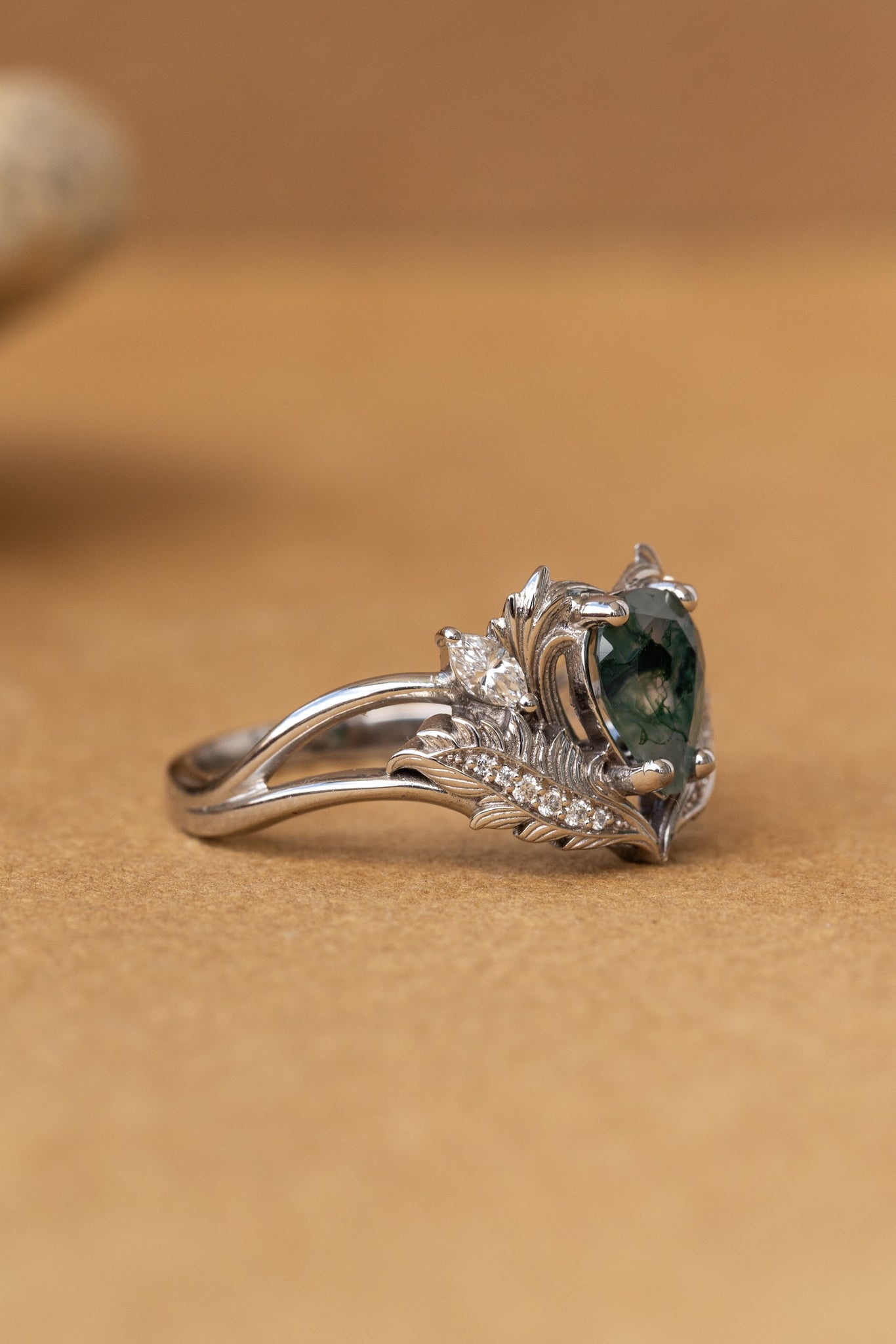 READY TO SHIP: Adonis ring in 14K white gold, pear cut moss agate, accent lab grown diamonds, RING SIZES: 5.75 - 8.75 US