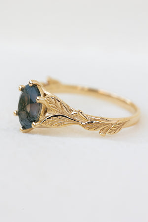 READY TO SHIP: Freesia in 14K yellow gold, oval cut natural moss agate, AVAILABLE RING SIZES: 6.5 US