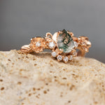 Pear moss agate engagement ring with half-halo diamond, rose gold flower proposal ring / Adelina - Eden Garden Jewelry™