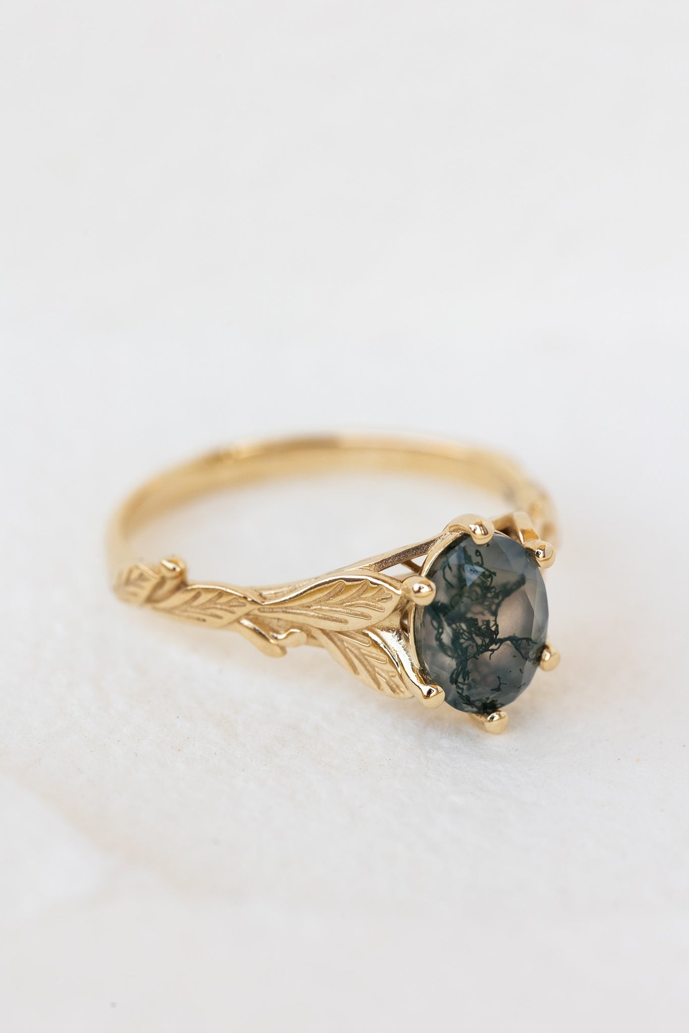 Natural moss agate gold leaf engagement ring, oval cut gemstone proposal ring / Freesia