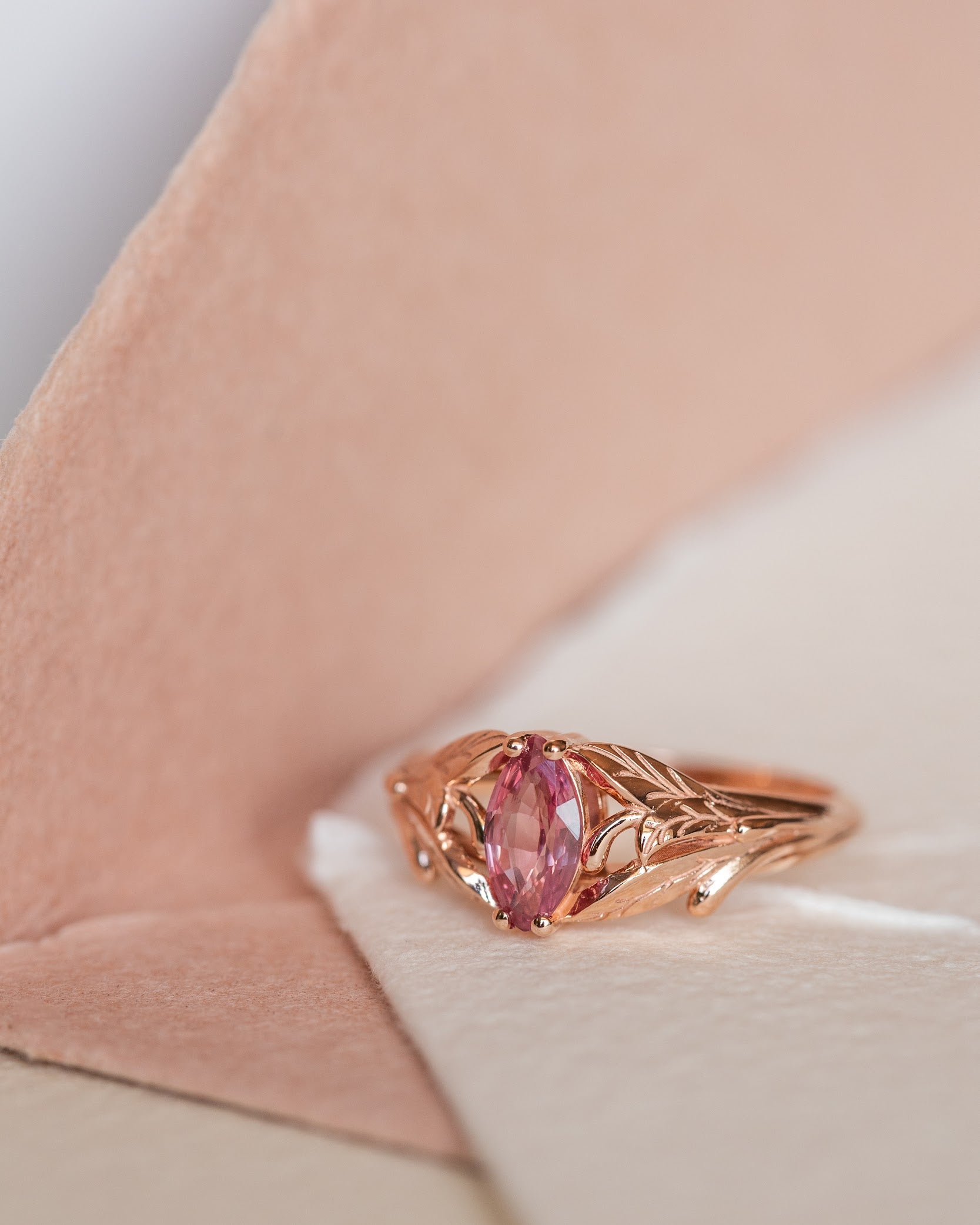 Natural pink sapphire engagement ring, leaf proposal ring with marquise cut gemstone / Wisteria - Eden Garden Jewelry™