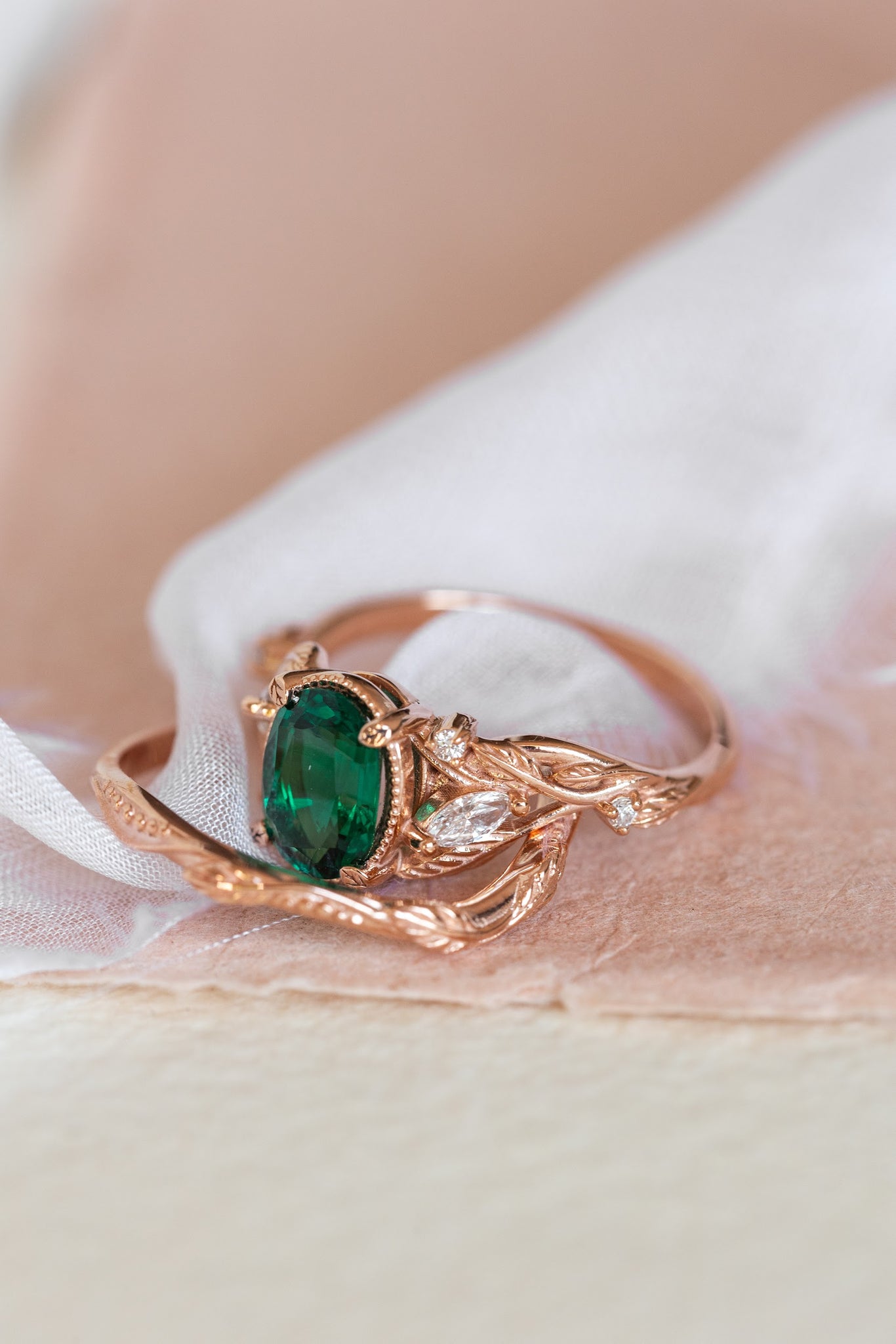 Lab emerald rose gold engagement ring set, leaves and diamonds bridal ring set / Patricia - Eden Garden Jewelry™