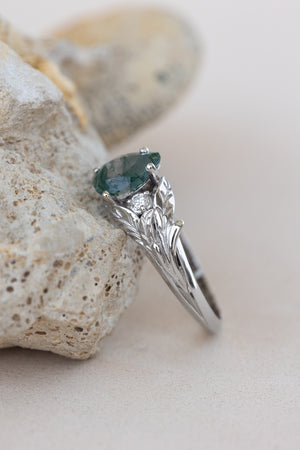 READY TO SHIP: Wisteria ring in 14K or 18K white gold, pear moss agate, accents lab grown diamonds, RING SIZE: 5.75 - 8.75 US