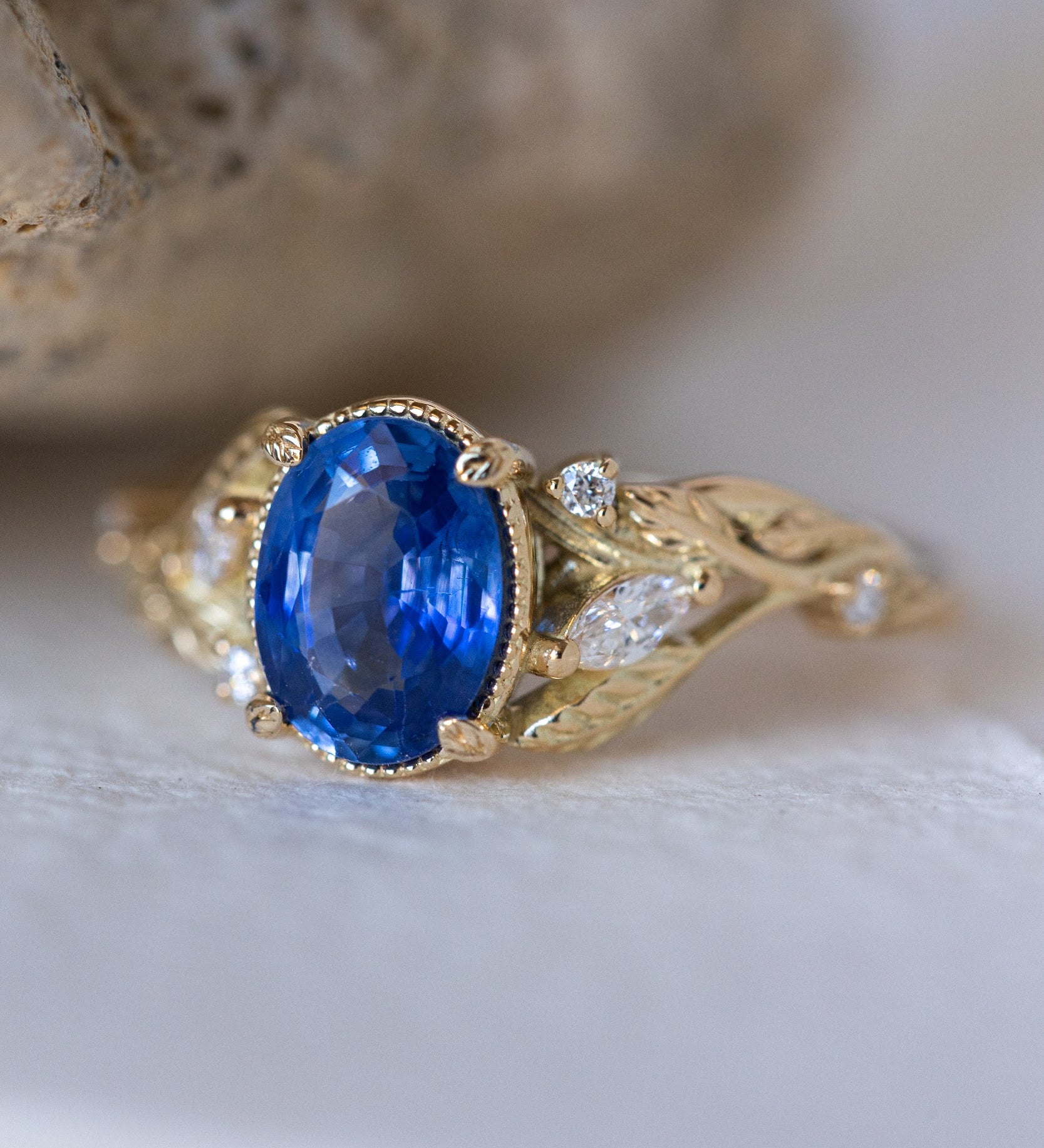 READY TO SHIP: Patricia ring in 14K yellow gold, natural vivid blue sapphire 8x6 mm, accent natural diamonds, AVAILABLE RING SIZES: 5.5 - 8.5 US - Eden Garden Jewelry™