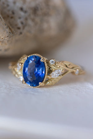 READY TO SHIP: Patricia ring in 14K yellow gold, natural vivid blue sapphire 8x6 mm, accent natural diamonds, AVAILABLE RING SIZES: 7 US